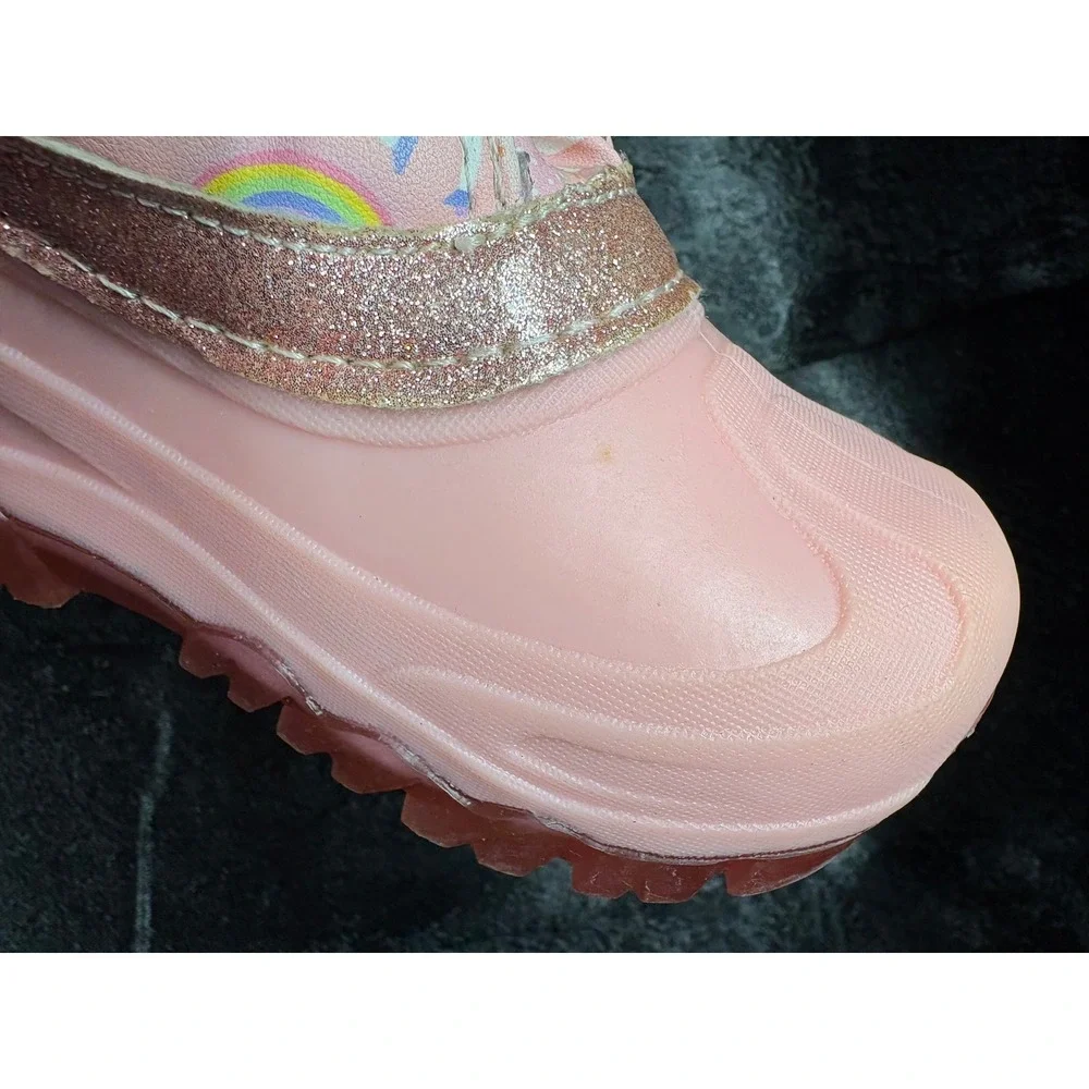 Girls Pink Unicorn Rainbow Snow Boots Glitter Trim Faux Fur Lined Winter Boots